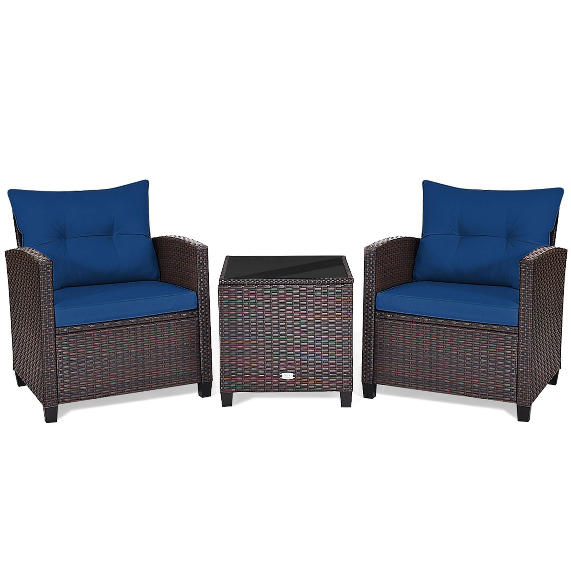 Alt View 9. Gymax - Gymax 3PCS Outdoor Patio Rattan Conversation Set Garden Yard w/ Navy Cushions - Mix Brown.