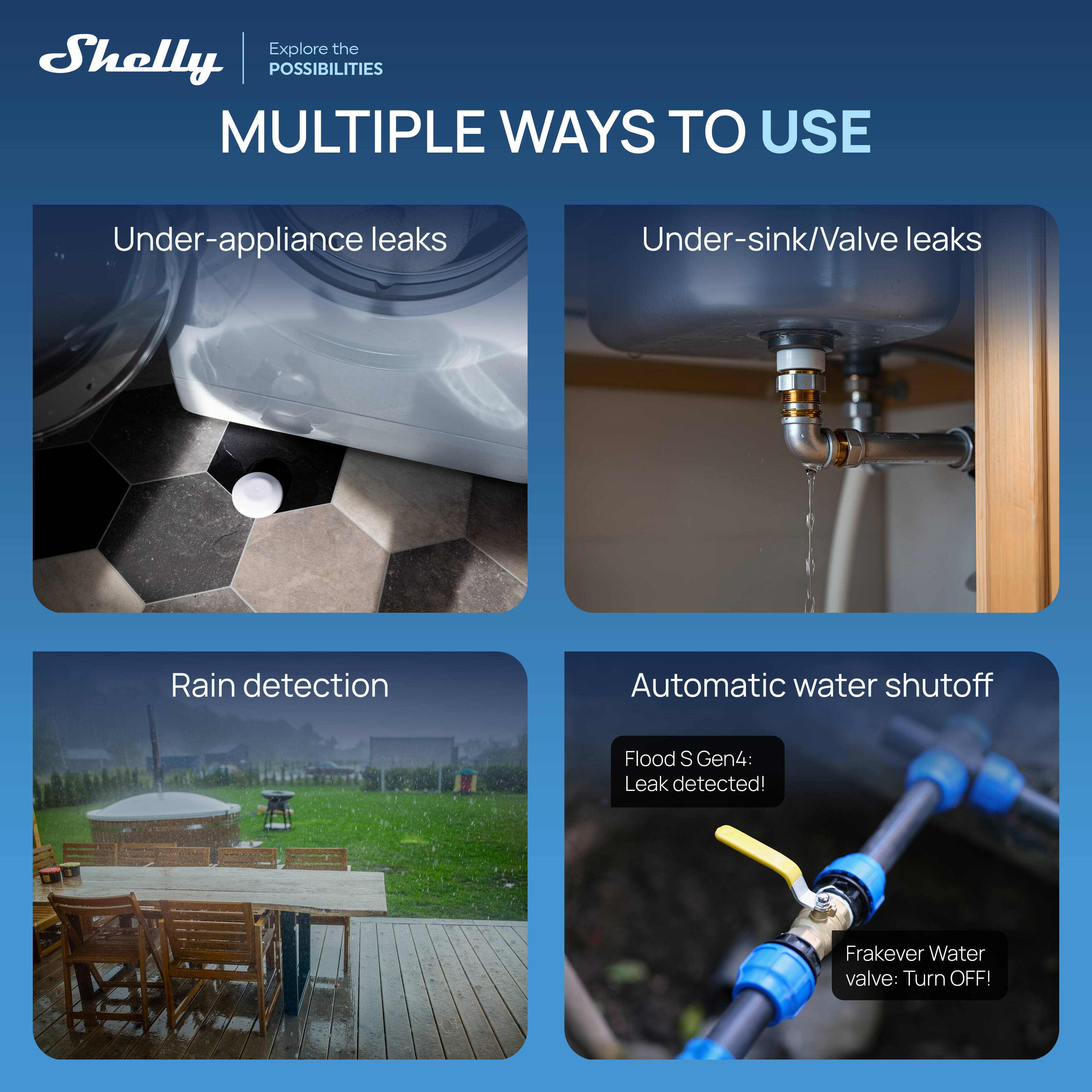 Explore the Shelly POSSIBILITIES

MULTIPLE WAYS TO USE

- Under-appliance leaks
- Under-sink/Valve leaks
- Rain detection
- Automatic water shutoff

Flood S Gen4: Leak detected!

Frakever Water valve: Turn OFF!