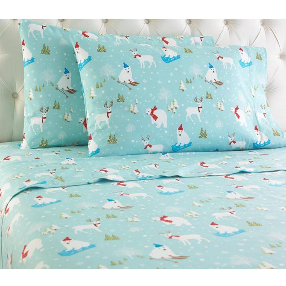 Shavel Home Products - Shavel Micro Flannel Quality Printed Sheet Set - Twin Flat/Fitted Sheet Pillowcase 21x32" - Fun in the snow