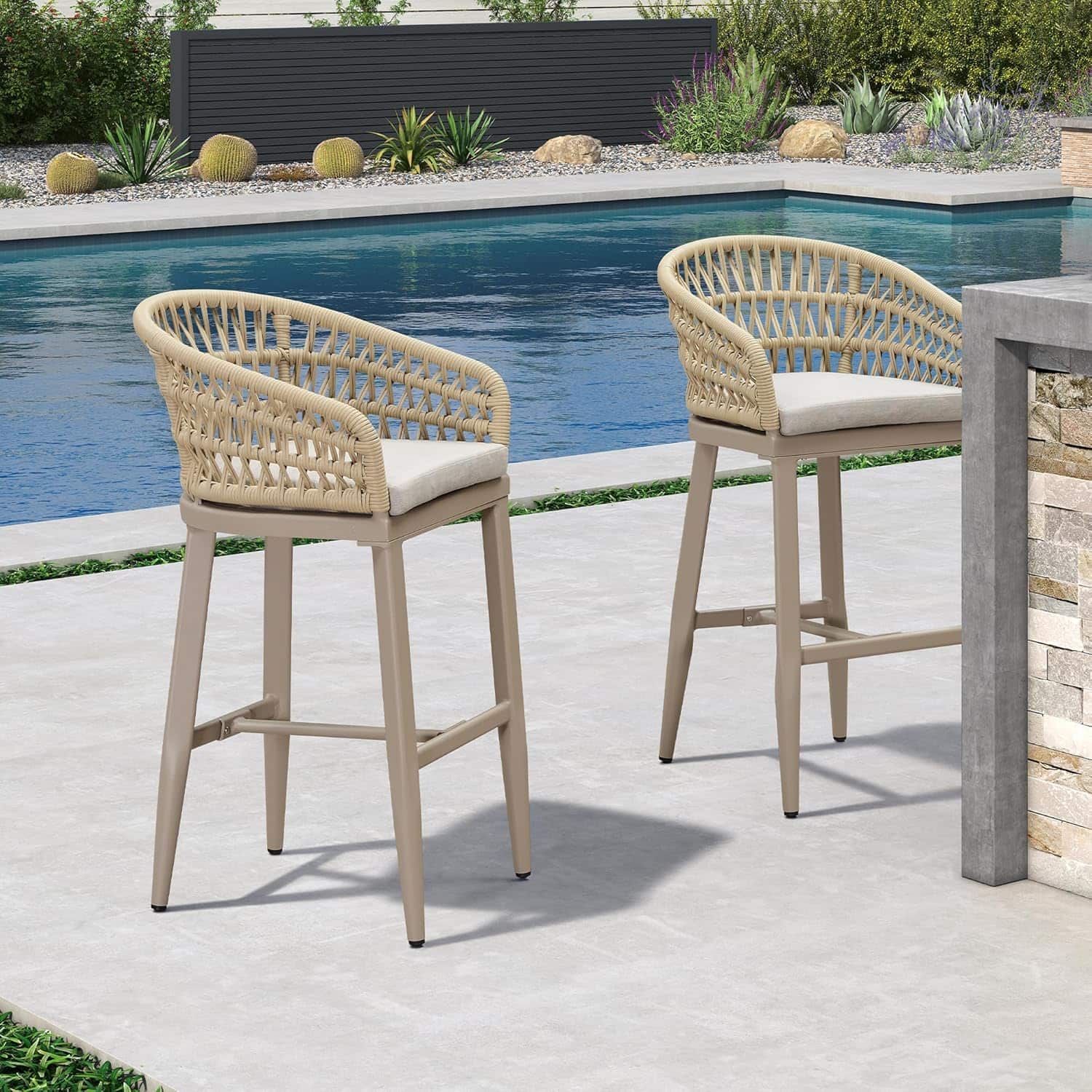 Front. PURPLE LEAF - Outdoor Counter/Bar Height StoolsRattan Wicker Bar Chairs Woven Aluminum Barstools Set of 2 with Back and Cushions - Champagne-Bar Stool.
