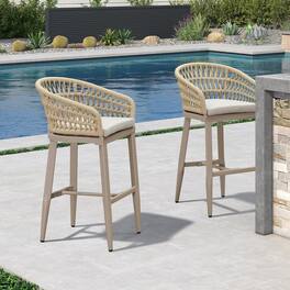 PURPLE LEAF - Outdoor Counter/Bar Height StoolsRattan Wicker Bar Chairs Woven Aluminum Barstools Set of 2 with Back and Cushions - Champagne-Bar Stool