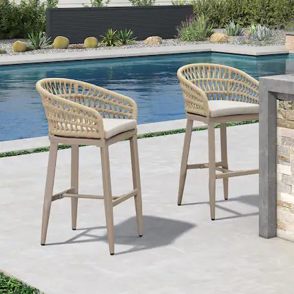 Front. PURPLE LEAF - Outdoor Counter/Bar Height StoolsRattan Wicker Bar Chairs Woven Aluminum Barstools Set of 2 with Back and Cushions - Champagne-Bar Stool.