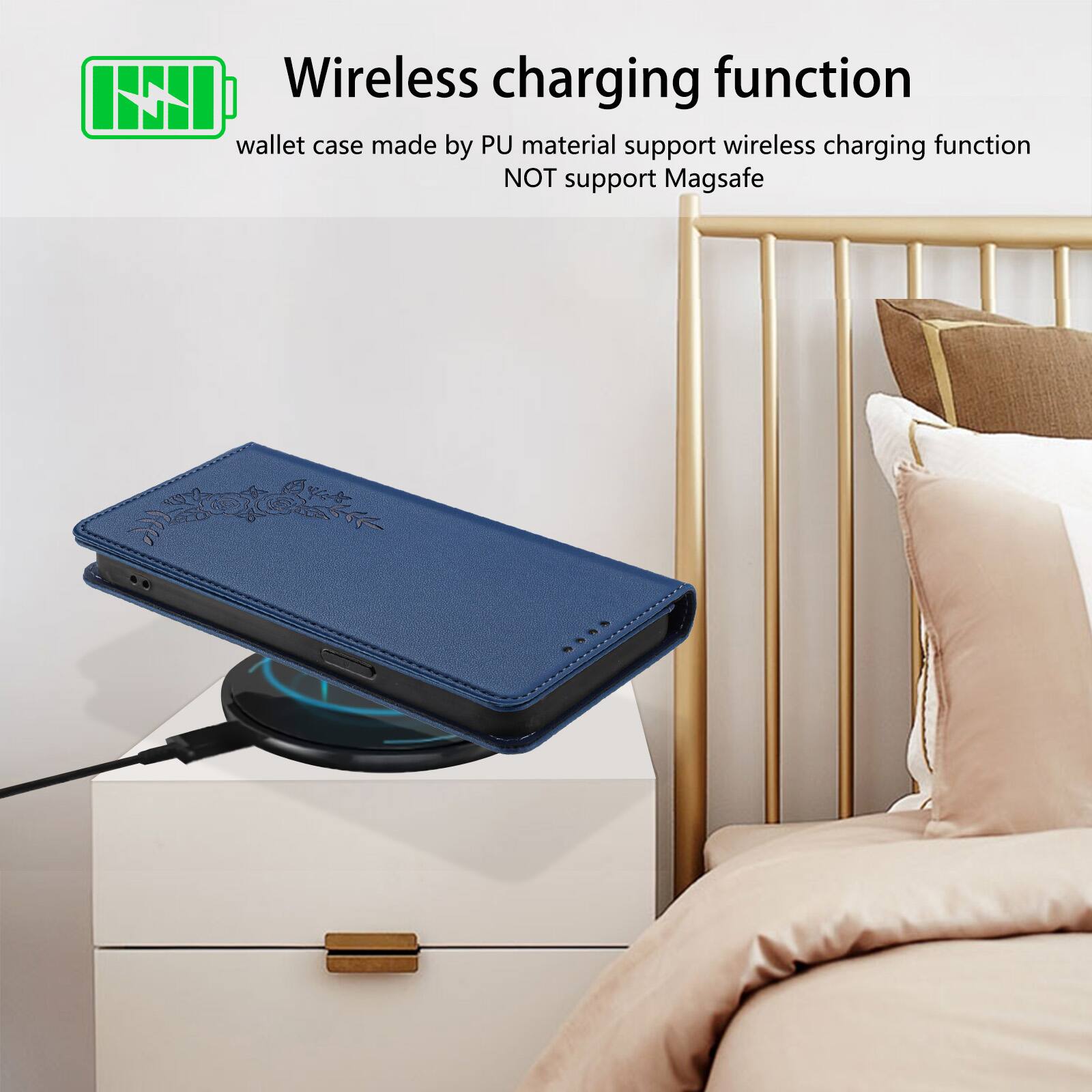 Wireless charging function

wallet case made by PU material support wireless charging function NOT support Magsafe