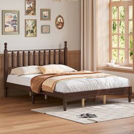 GOODSILO - Queen Size Retro Wood Platform Bed with Gourd Shaped Headboard and Wooden Slat Support - Walnut