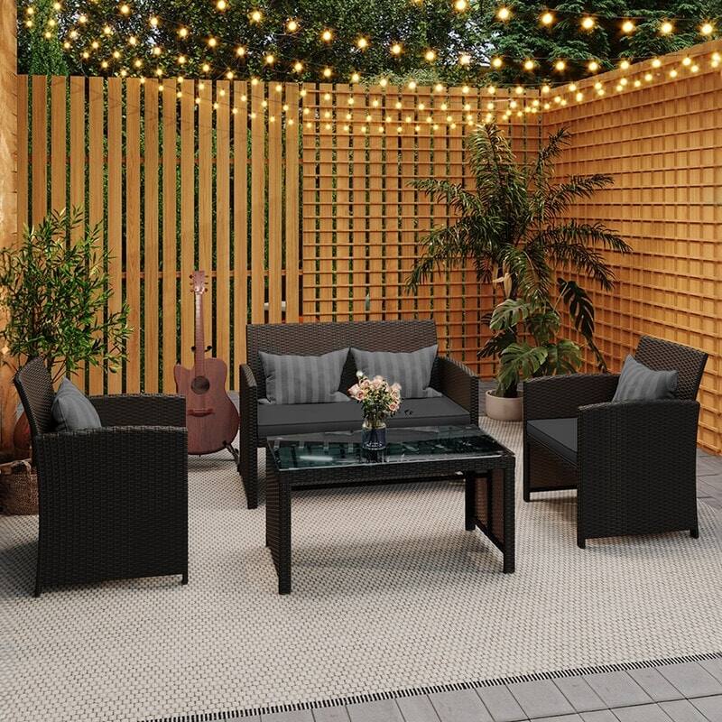 Angle. U-HOMY - All-Weather PE Rattan Patio Furniture Set – 4-Piece Wicker Sofa & Glass Coffee Table with Cushions - Dark Grey.