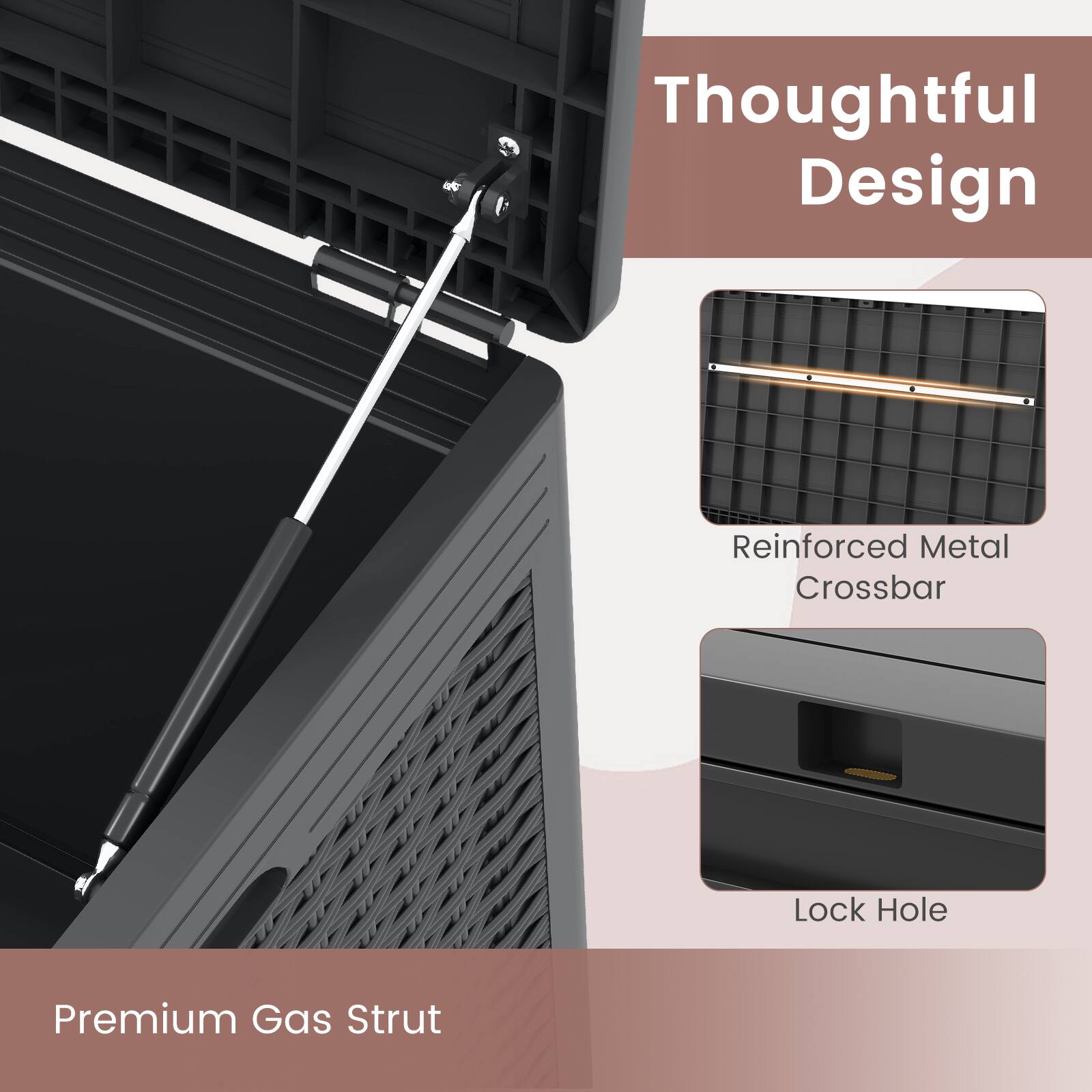 Thoughtful Design

Premium Gas Strut

Reinforced Metal Crossbar

Lock Hole