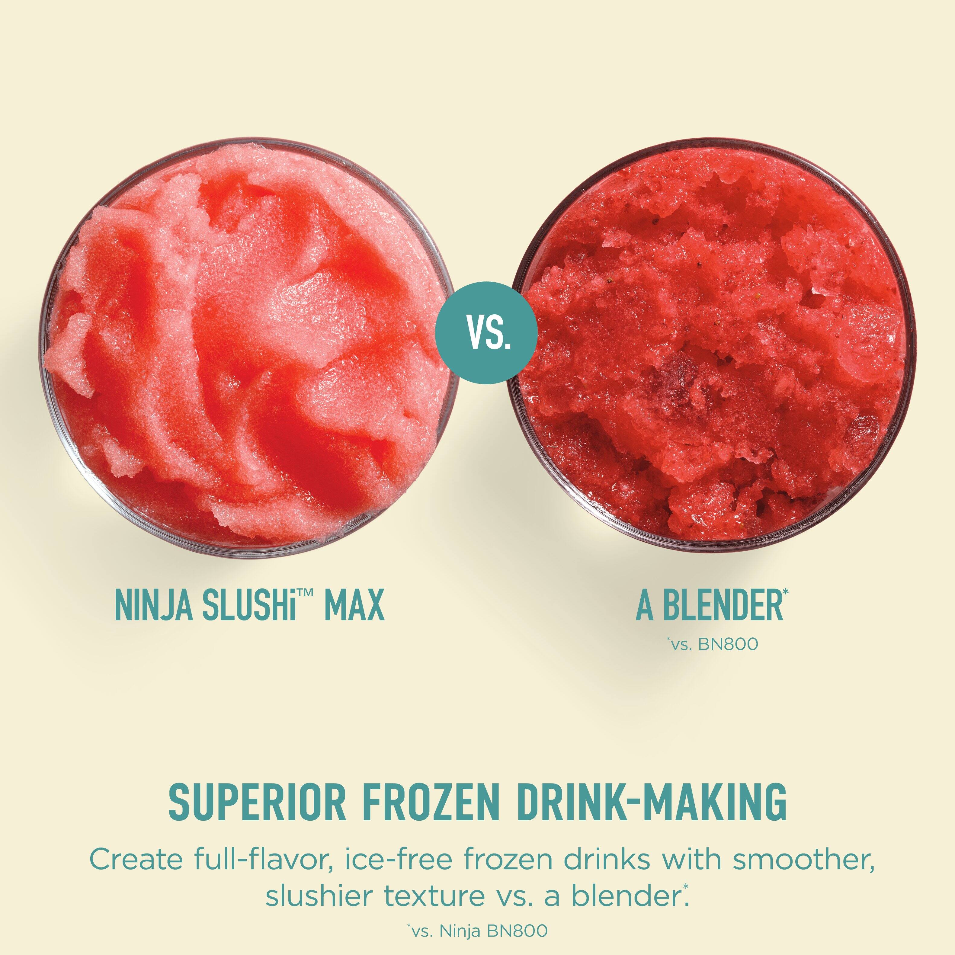 NINJA SLUSHI™ MAX vs. A BLENDER*  
SUPERIOR FROZEN DRINK-MAKING  
Create full-flavor, ice-free frozen drinks with smoother, slushier texture vs. a blender.*  
*vs. Ninja BN800