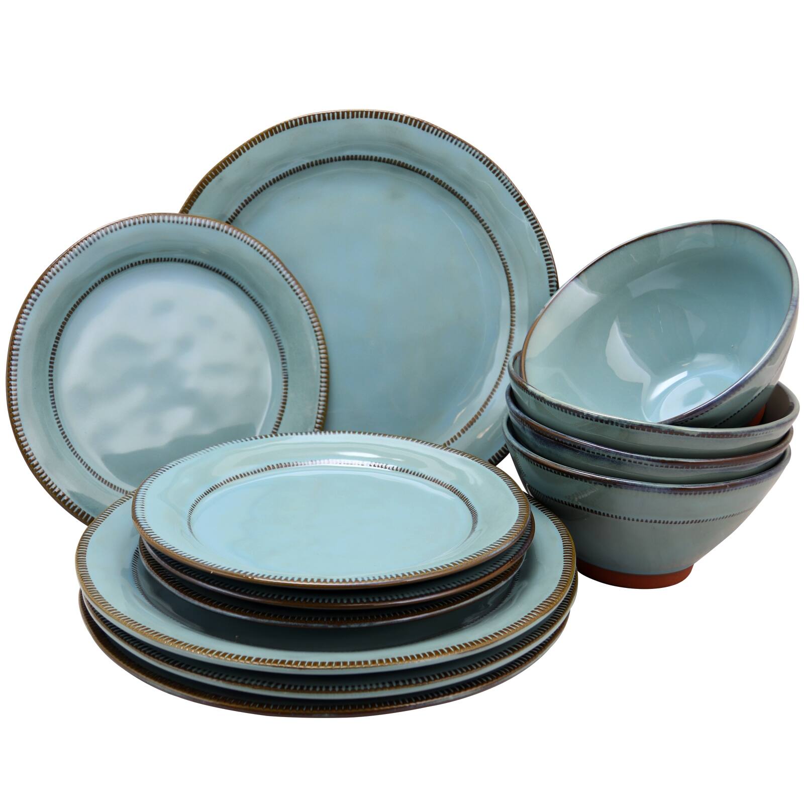 Alt View 5. Gibson - Gibson Elite Terranea 12 Piece Round Terracotta Dinnerware Set in Teal - Blue.