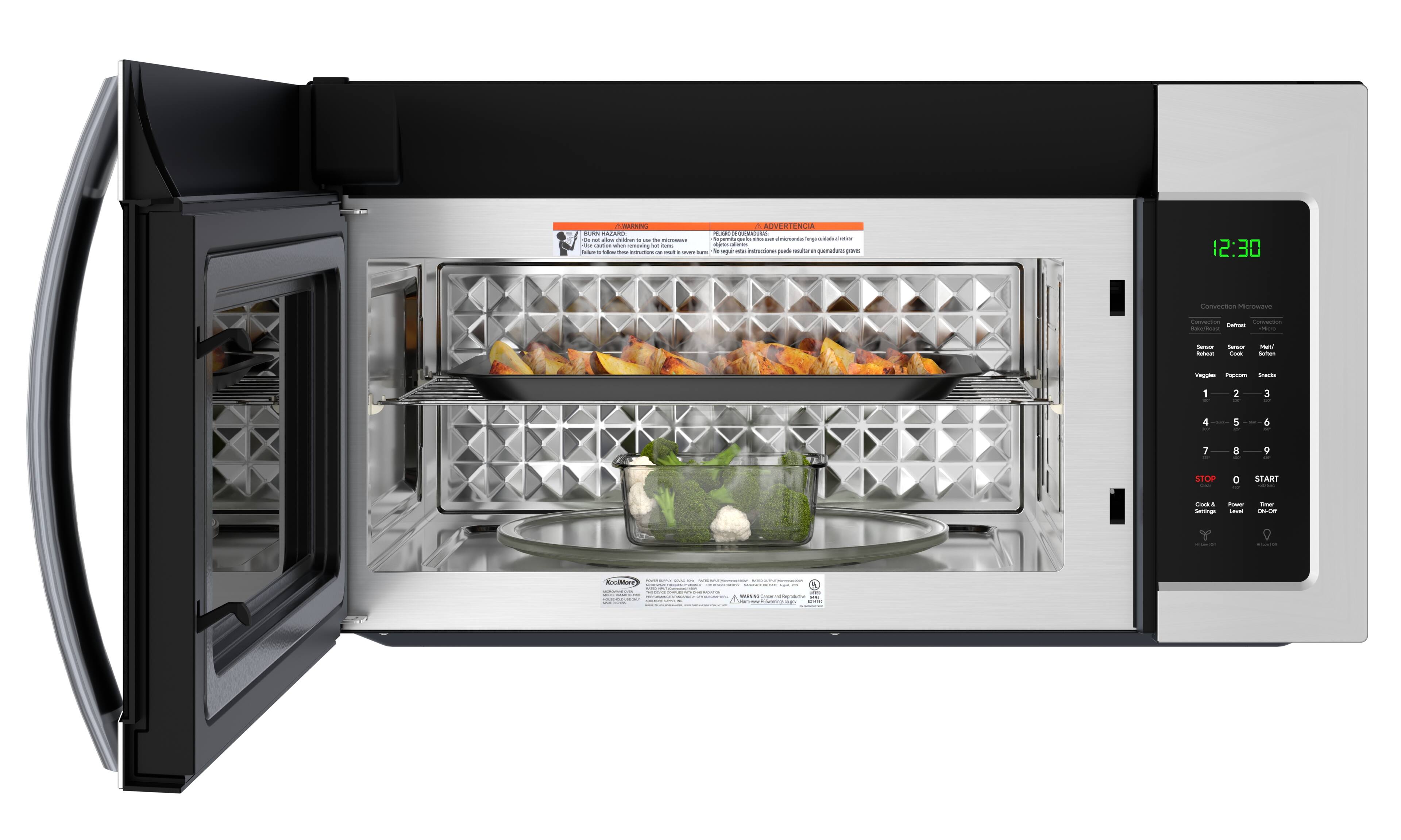 The text on the image is:

- BURN HAZARDS
- ADVERTENCIA
- 12:30 Convection Microwave
- Sensor
- Cook
- Veggies
- Popcorn
- Snacks
- 1 2 3 4 5 6 7 8 9
- STOP
- START
- Clock & Timer
- Power Level
- Time
- Off/On