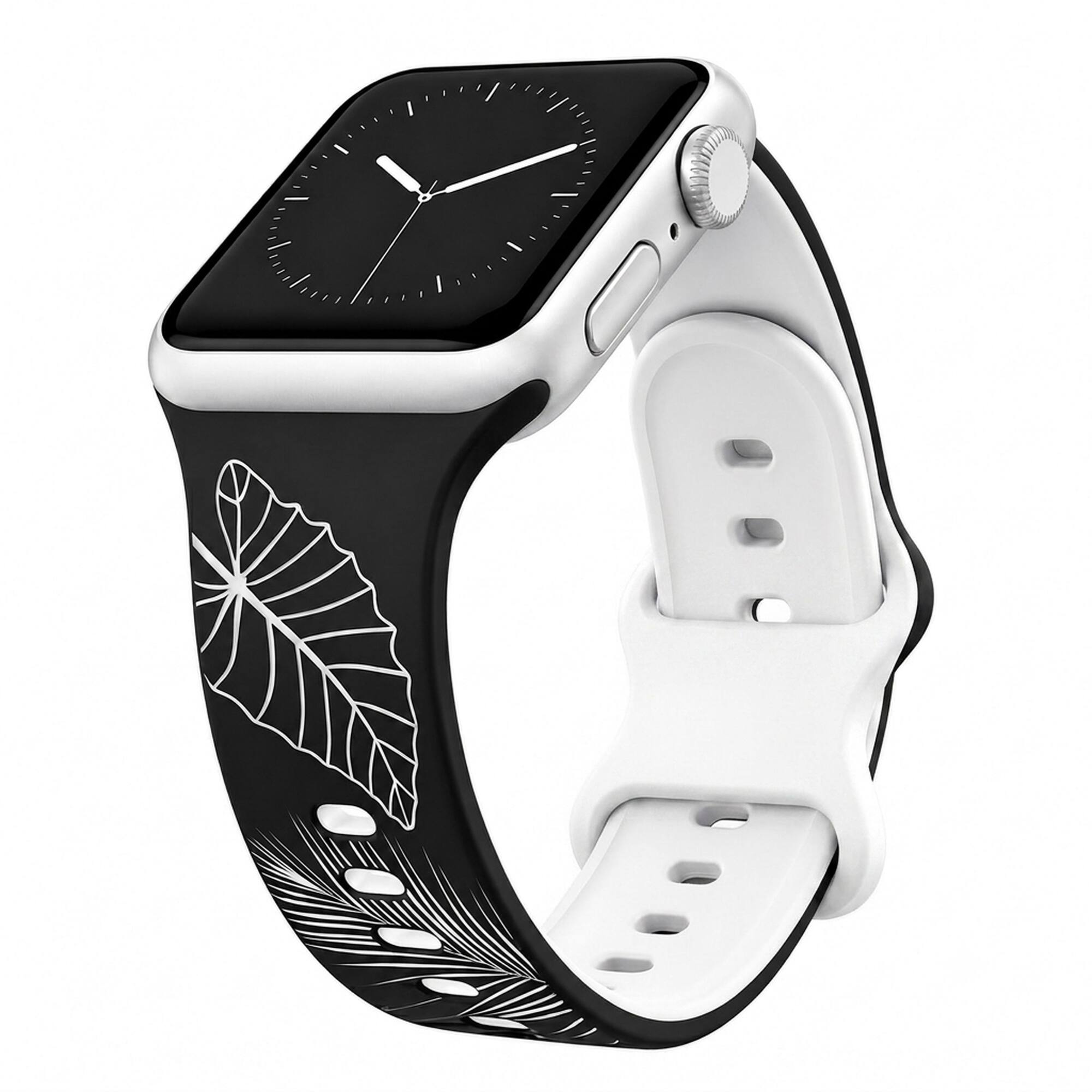 Front. ROXTRO - Black to White Tropical Engraved Two-Tone Watch Band Apple Watch Compatible LARGE WATCH 49/46/45/44mm (42mm Series 1-3) - Black to White.