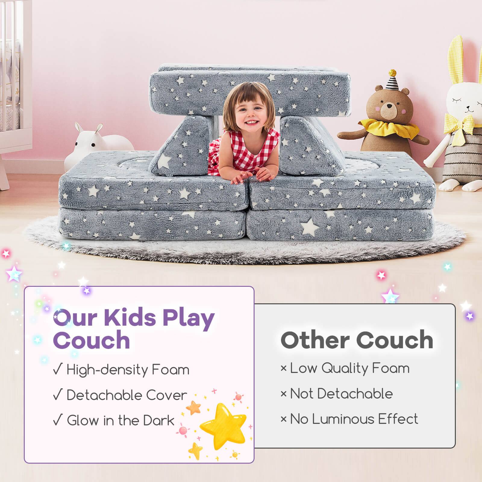 Our Kids Play Couch  
✓ High-density Foam  
✓ Detachable Cover  
✓ Glow in the Dark  

Other Couch  
× Low Quality Foam  
× Not Detachable  
× No Luminous Effect