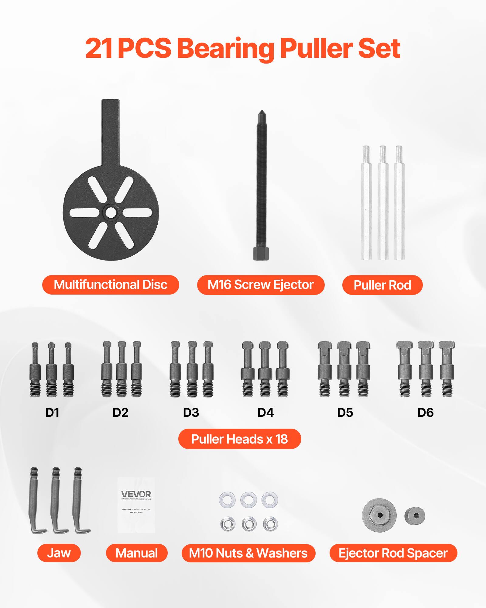 21 PCS Bearing Puller Set  
Multifunctional Disc  
M16 Screw Ejector  
Puller Rod  
D1 D2 D3 D4 D5 D6 Puller Heads x 18  
Jaw  
Manual  
M10 Nuts & Washers  
Ejector Rod Spacer