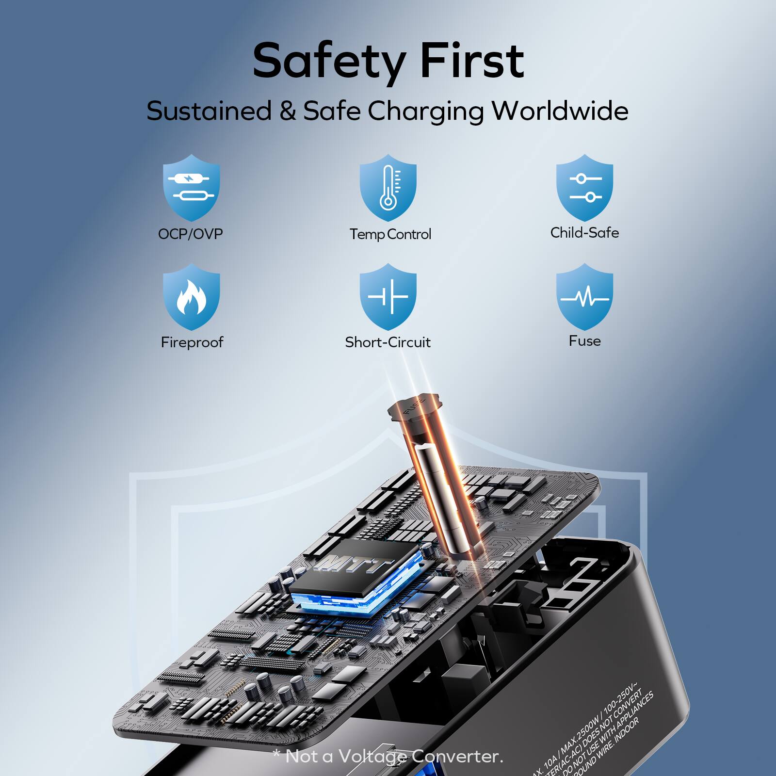 Safety First  
Sustained & Safe Charging Worldwide  

- OCP/OVP  
- Temp Control  
- Child-Safe  
- Fireproof  
- Short-Circuit  
- Fuse  

100-250V  
MAX. 2500W  
DOES NOT INDOOR  
* Not a Voltage Converter.