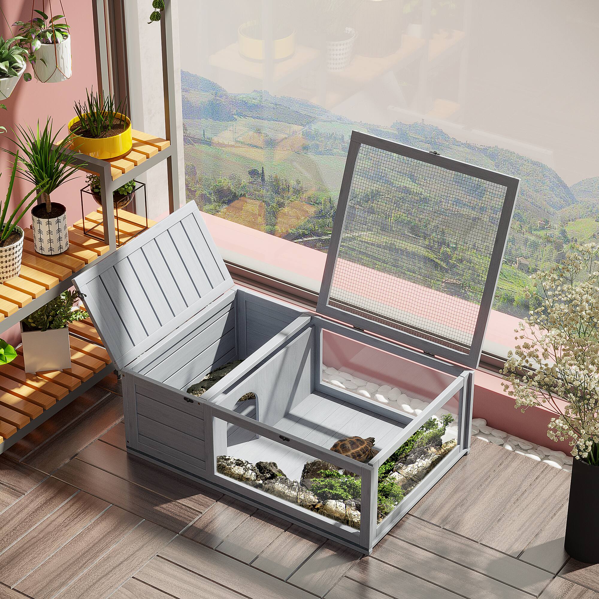 Angle. Pawhut - Wooden Tortoise House Indoor Turtle Habitat Enclosure Outdoor Reptile Cage for Lizards, Geckos.