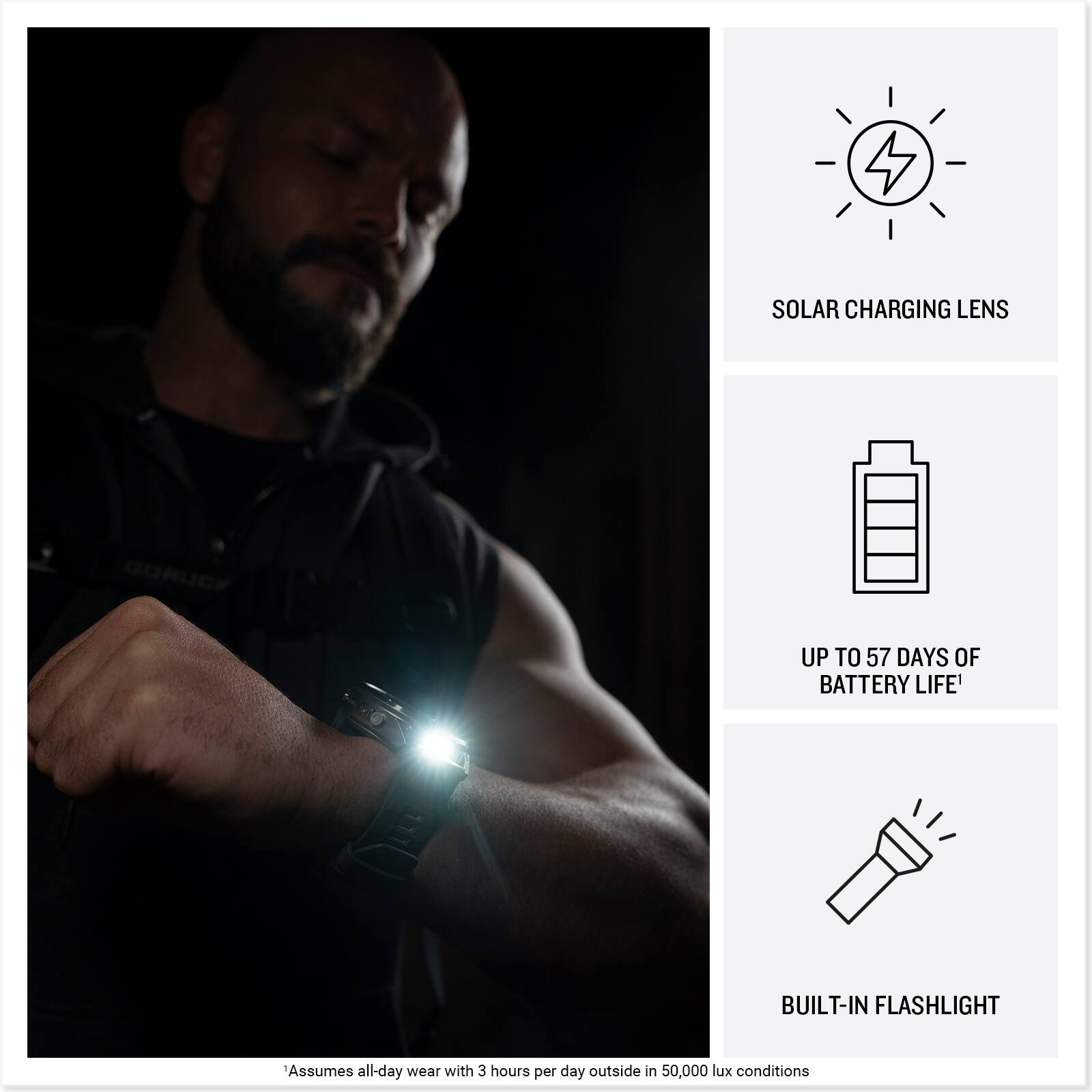 SOLAR CHARGING LENS

UP TO 57 DAYS OF BATTERY LIFE*

BUILT-IN FLASHLIGHT

*Assumes all-day wear with 3 hours per day outside in 50,000 lux conditions