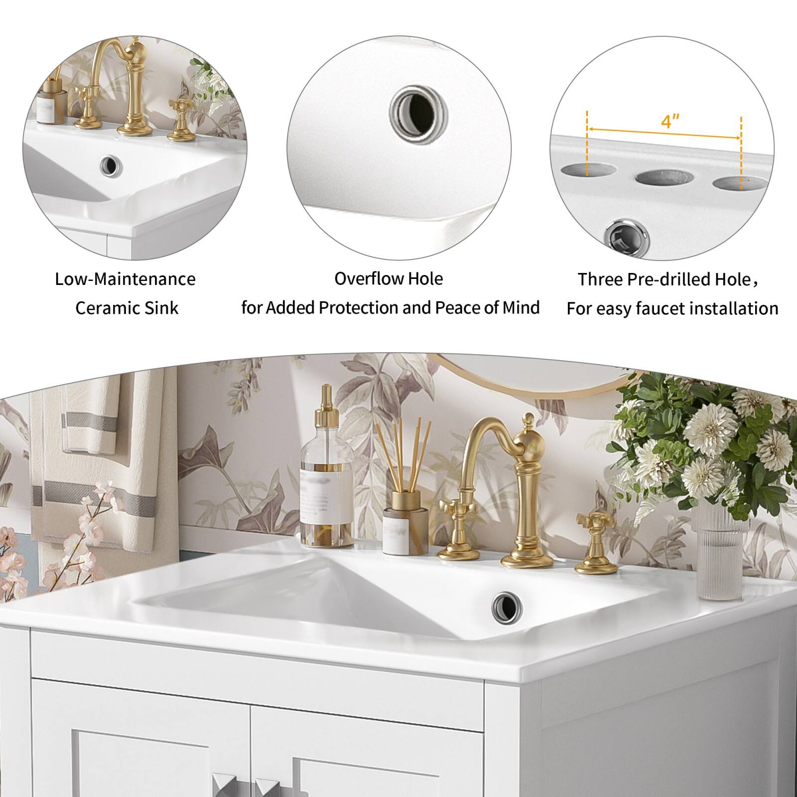 - Low-Maintenance Ceramic Sink
- Overflow Hole for Added Protection and Peace of Mind
- Three Pre-drilled Holes, 4" for easy faucet installation