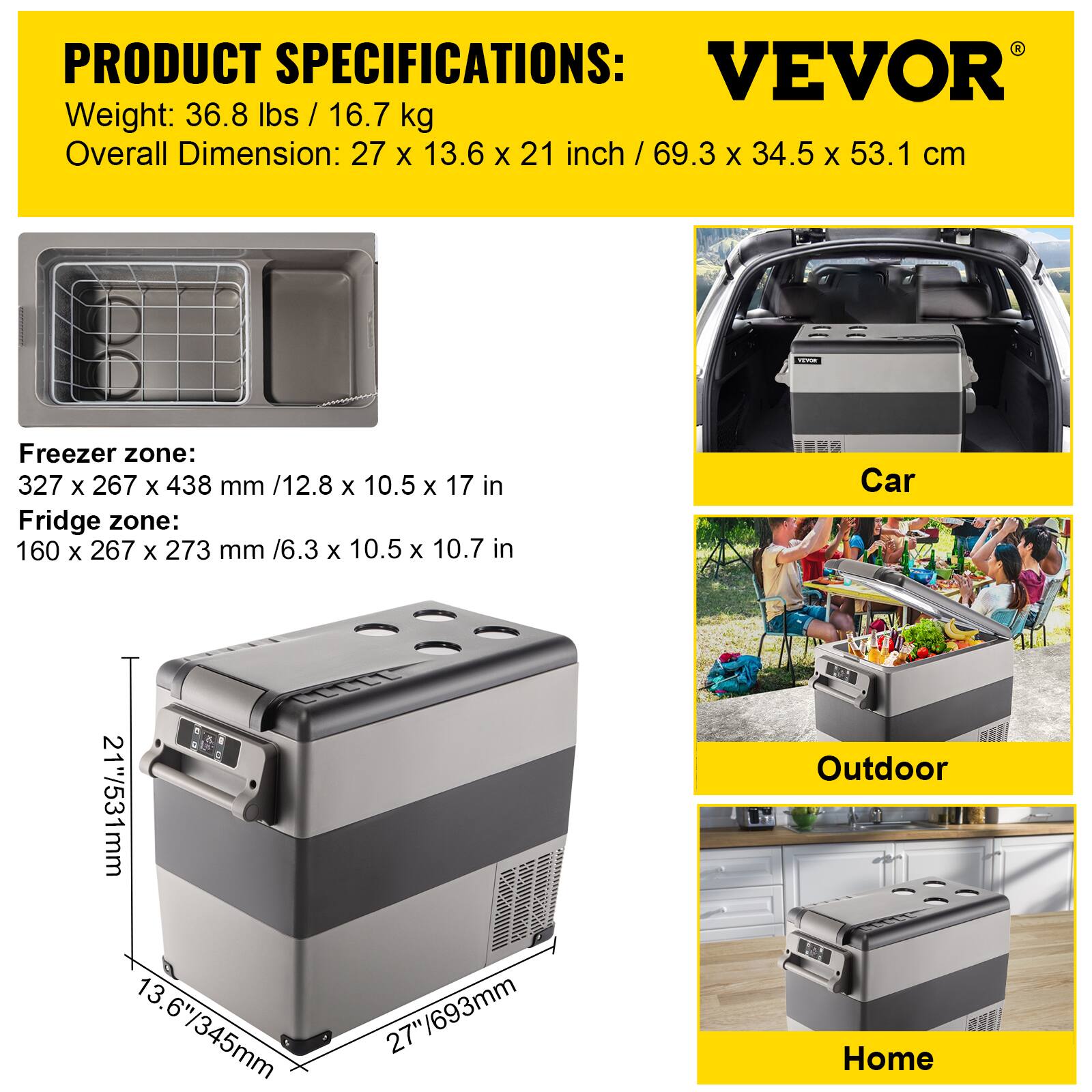 VEVOR 12 Volt Refrigerator, 58 Qt Car Refrigerator, Dual Zone