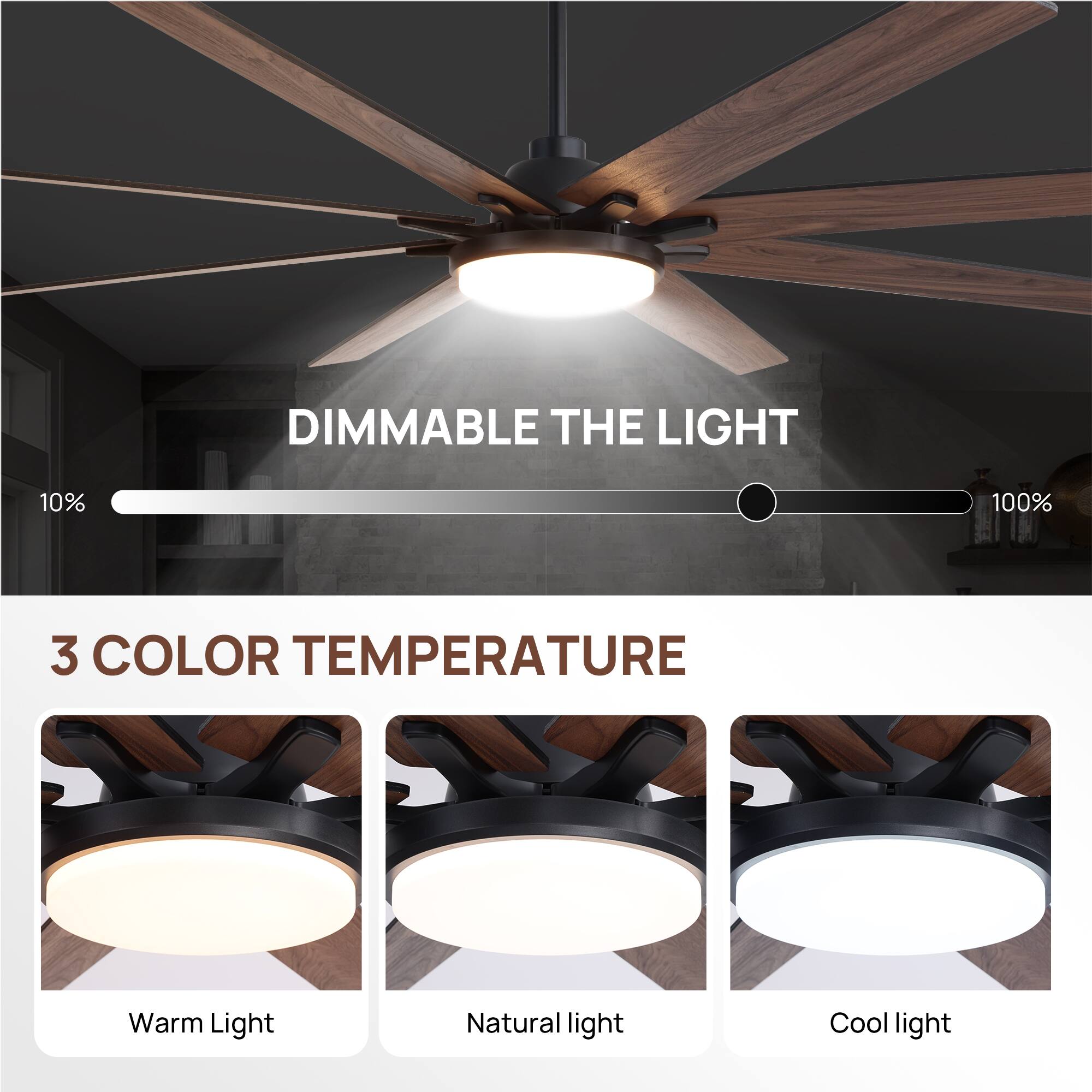 DIMMABLE THE LIGHT  
10% 100%  

3 COLOR TEMPERATURE  
Warm Light  
Natural light  
Cool light
