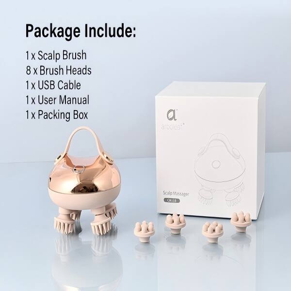 Package Include:

1 x Scalp Brush  
8 x Brush Heads  
1 x USB Cable  
1 x User Manual  
1 x Packing Box  

a  
arboleaf Scalp Massager CHIIB