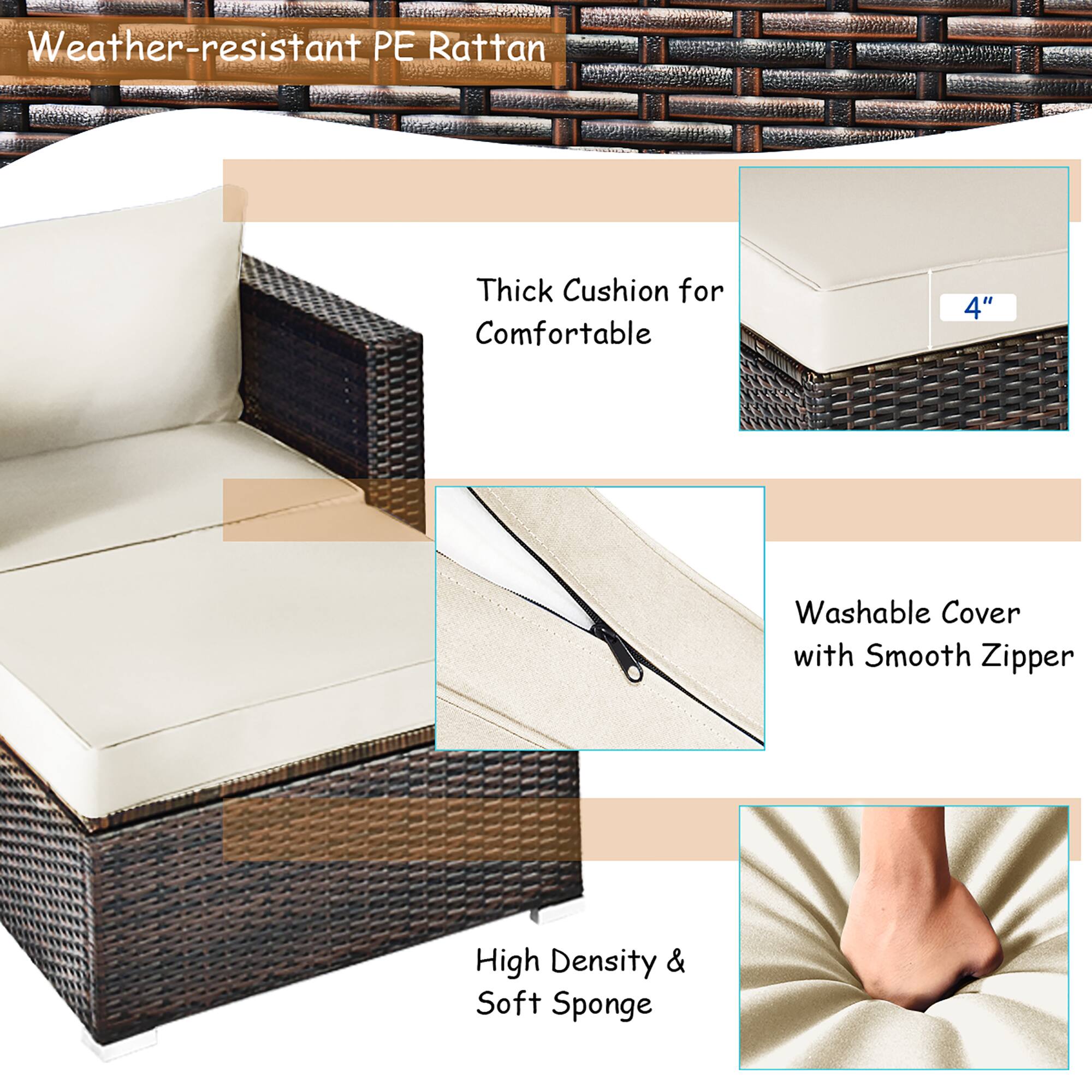 Weather-resistant PE Rattan Thick Cushion for Comfortable 4" Washable Cover with Smooth Zipper High Density & Soft Sponge