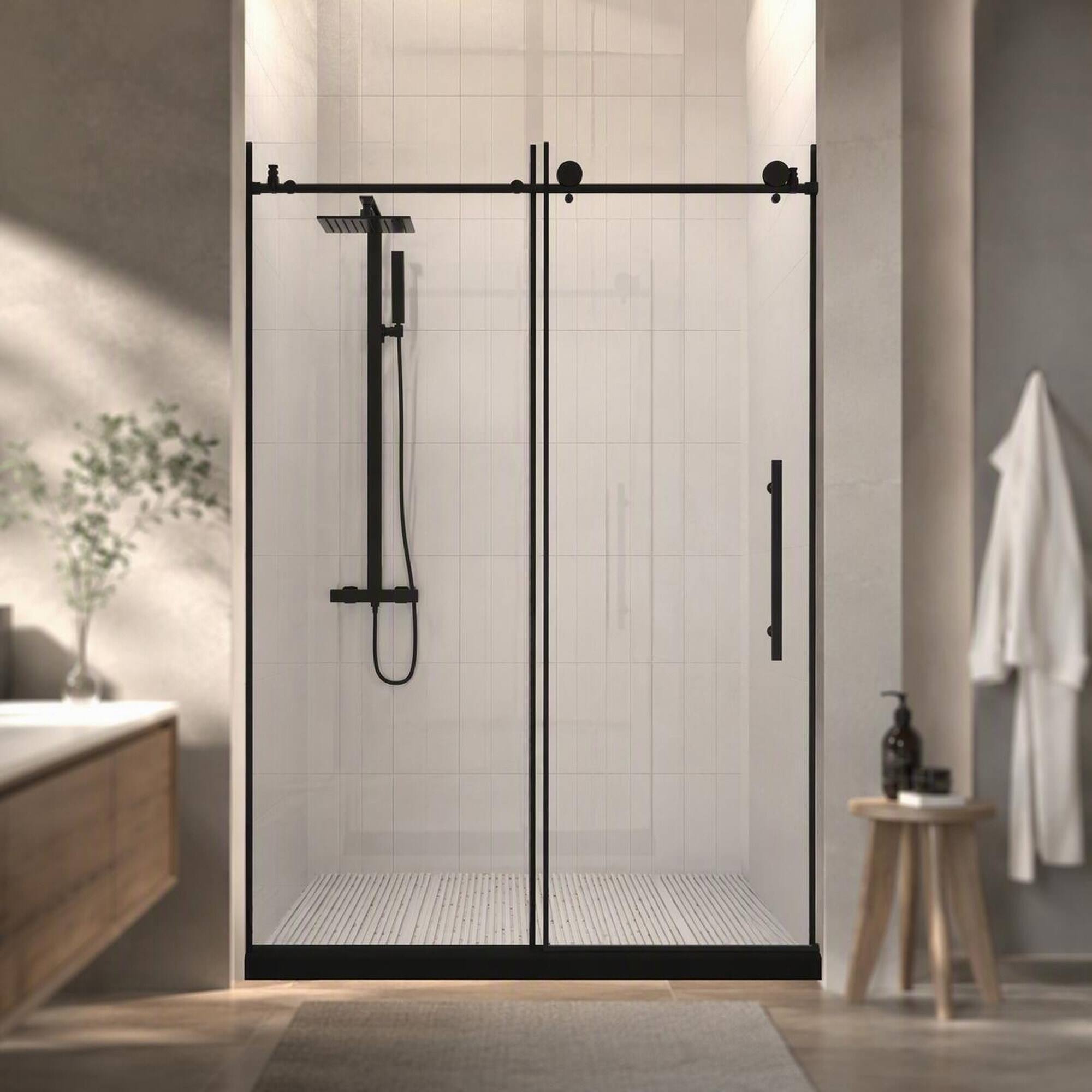 Front. RYHNUYNE - Frameless Shower Door 44-48" W X 76" H With 1/4" Clear Tempered Glass, Matte Black Steel Handle - Matte Black.