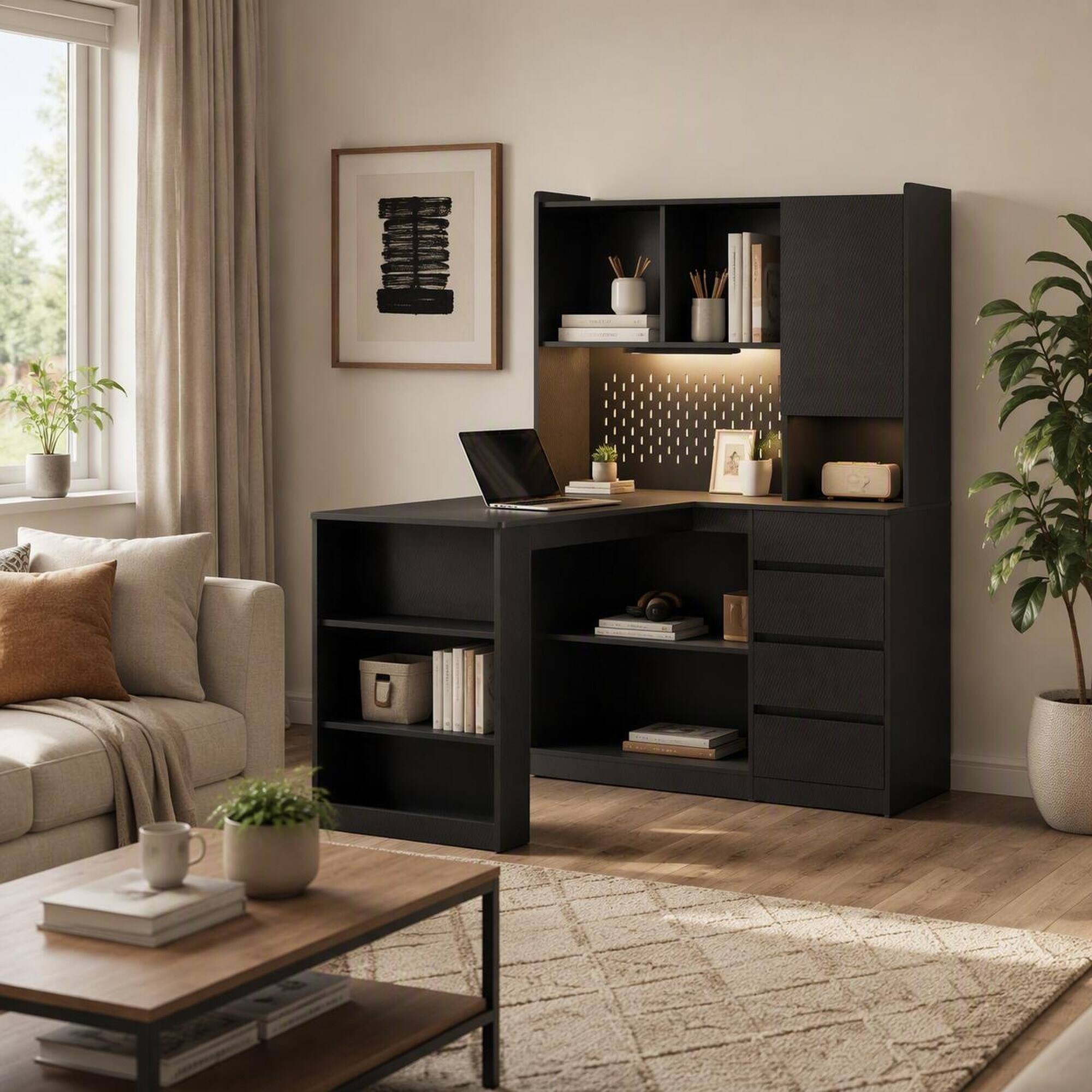 Back. RYHNUYNE - L-Shaped Corner Desk, White MDF Computer Workstation with Charging Ports, Storage Cabinet and Bookshelf, LED Light - Black.