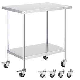VEVOR - Stainless Steel Work Table 24 x 36 x 38 Inch, with 4 Wheels, 3 Adjustable Height Levels, Heavy Duty Food Prep Worktable - Silver