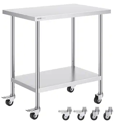 Front. VEVOR - Stainless Steel Work Table 24 x 36 x 38 Inch, with 4 Wheels, 3 Adjustable Height Levels, Heavy Duty Food Prep Worktable - Silver.