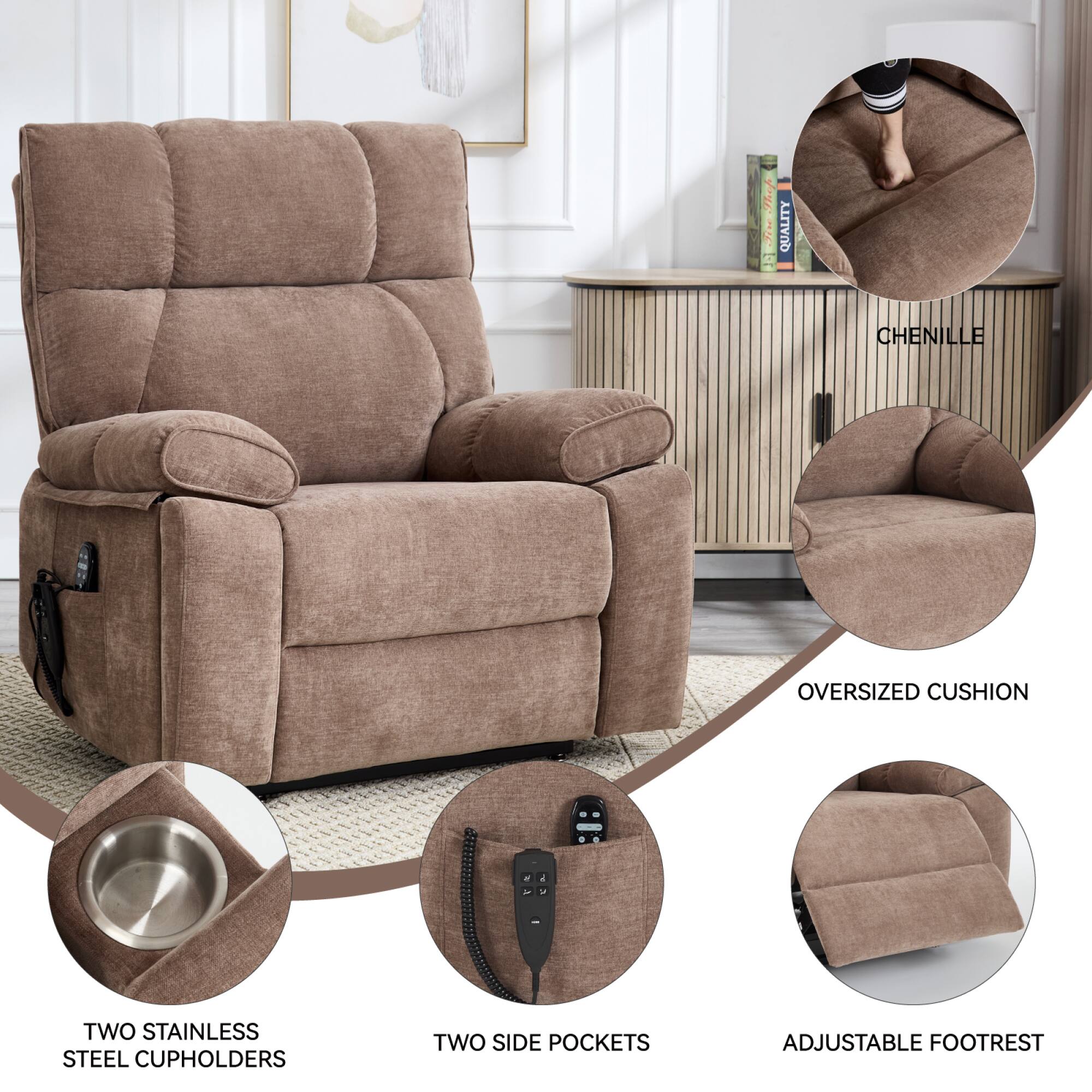 The text on the image can be grouped and corrected as follows:

- **High Quality Chenille Oversized Cushion**
- **Two Stainless Steel Cupholders**
- **Two Side Pockets**
- **Adjustable Footrest**
