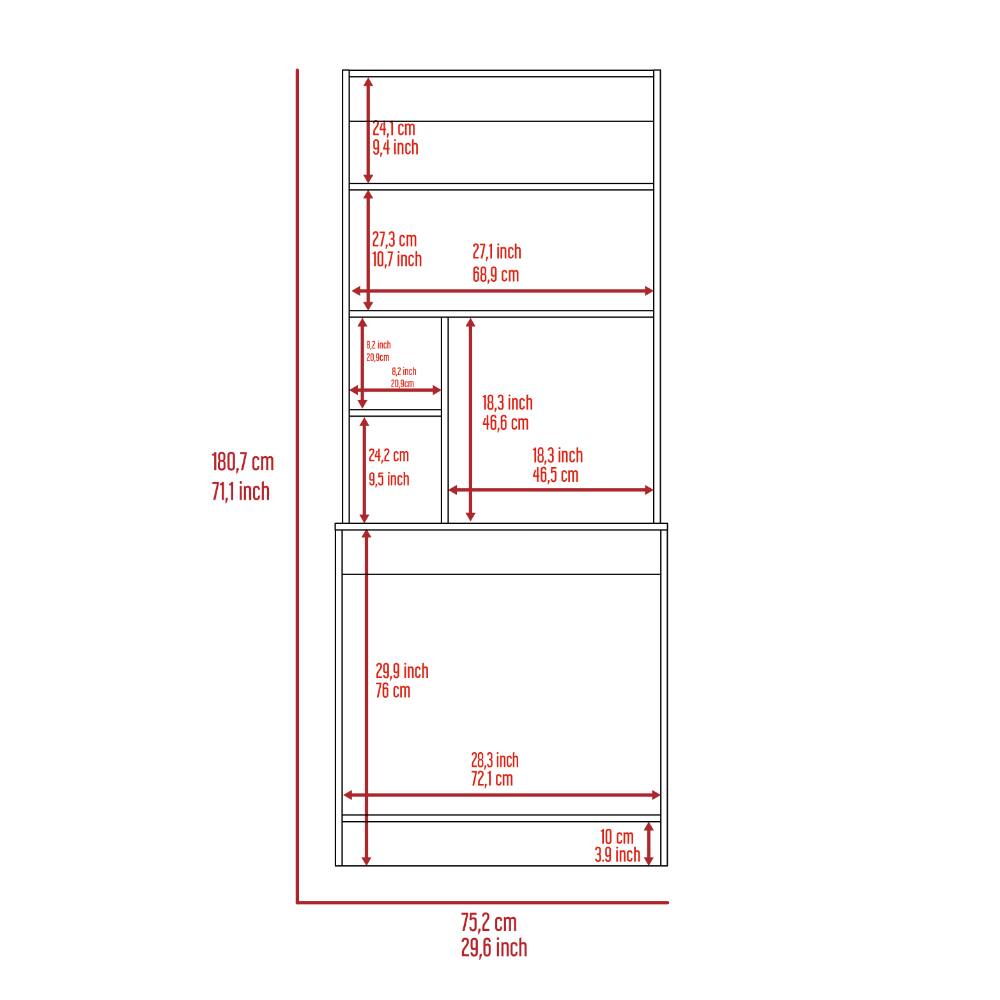 24.1 cm 9.4 inch  
27.3 cm 10.7 inch  
27.1 inch 68.9 cm  
180.7 cm 71.1 inch  
1 inch 20.8 cm  
24.2 cm 9.5 inch  
18.3 inch 46.6 cm  
29.9 inch 76 cm  
28.3 inch 72.1 cm  
10 cm 3.9 inch  
75.2 cm 29.6 inch