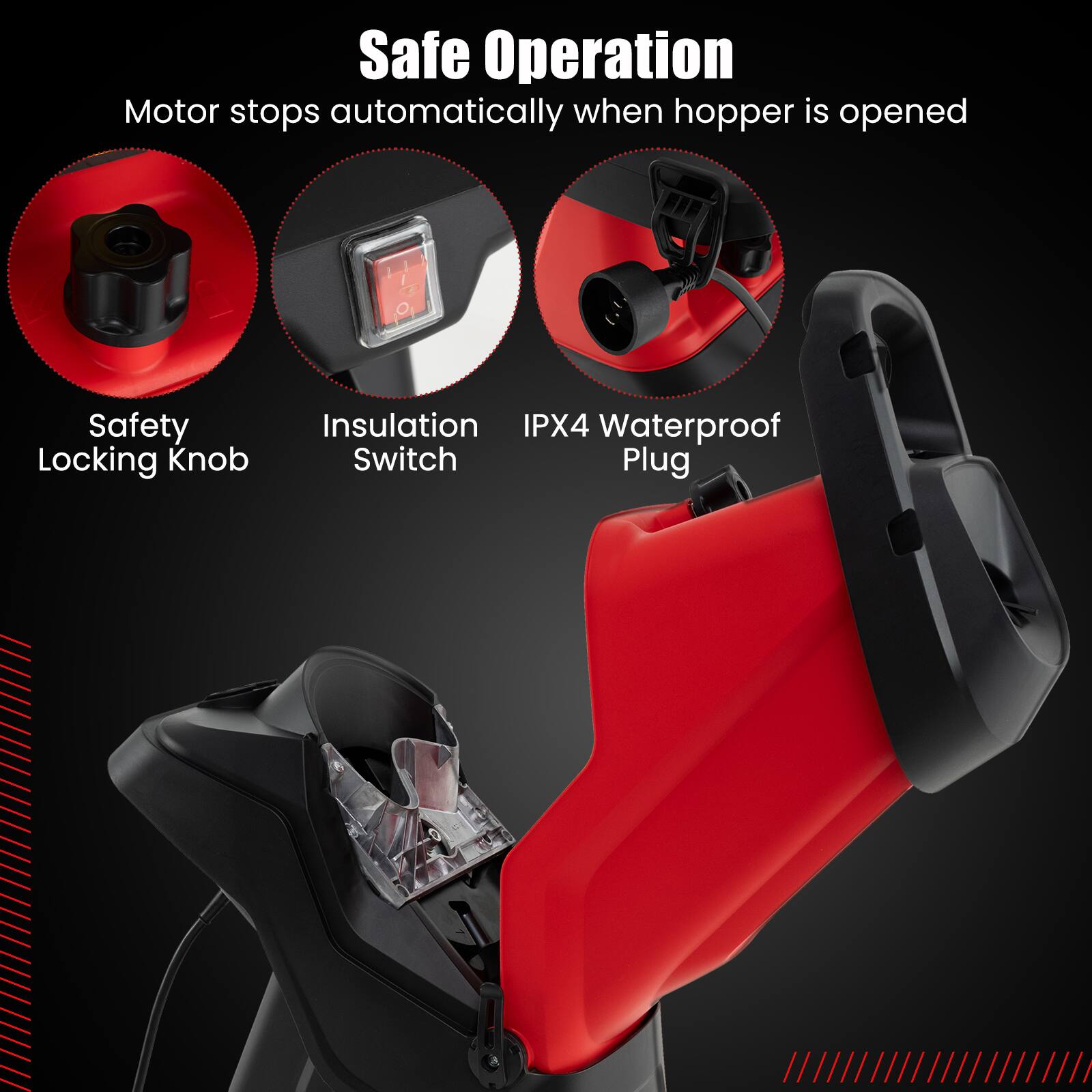 Safe Operation, Motor stops automatically when hopper is opened, Safety Locking Knob, Insulation Switch, IPX4 Waterproof Plug
