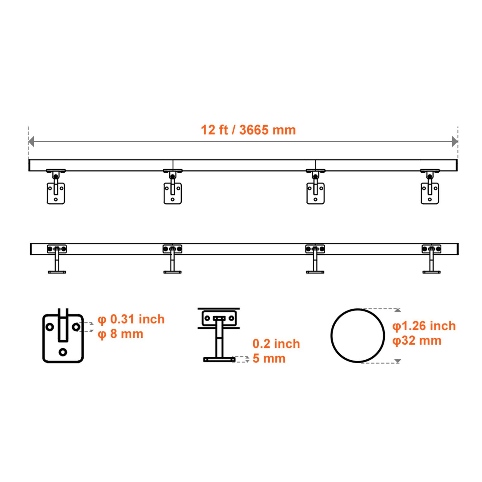 12 ft / 3665 mm

Ø 0.31 inch / Ø 8 mm

0.2 inch / 5 mm

Ø 1.26 inch / Ø 32 mm