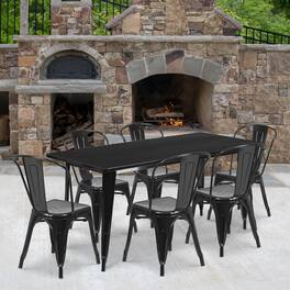 Emma + Oliver - Commercial Grade Rectangular Metal Indoor-Outdoor Table Set with 6 Stack Chairs - Black