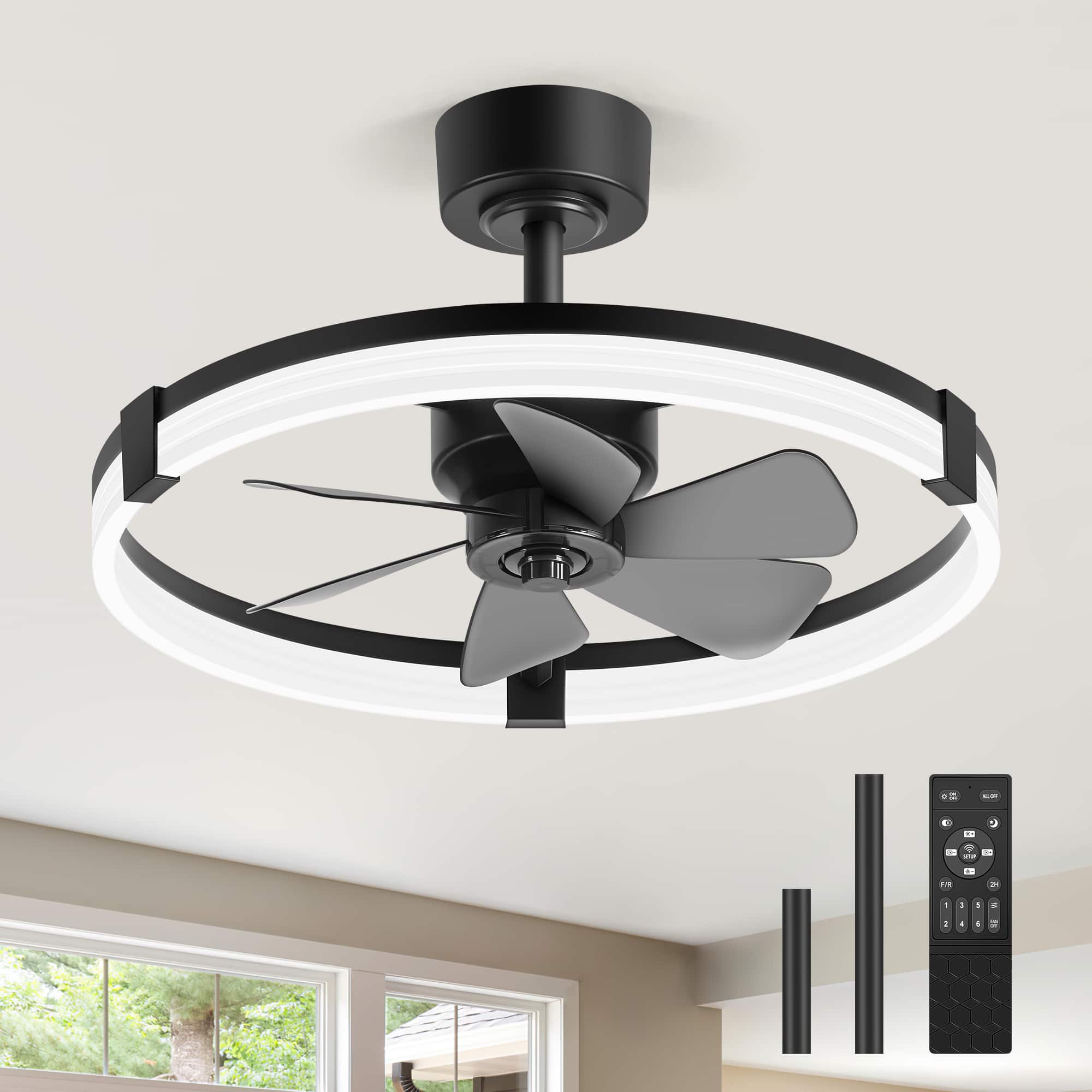 Breezary - 23-Inch Detachable Enclosed Ceiling Fan with LED Light, Remote, Reversible DC Motor, 6 Blades & Dimmable Lighting - Black and Slate Blue