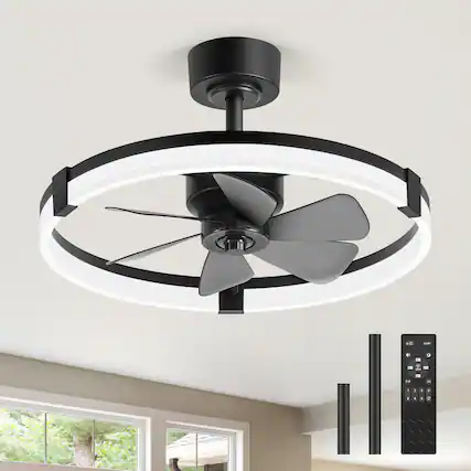 Front. Breezary - 23-Inch Detachable Enclosed Ceiling Fan with LED Light, Remote, Reversible DC Motor, 6 Blades & Dimmable Lighting - Black and Slate Blue.