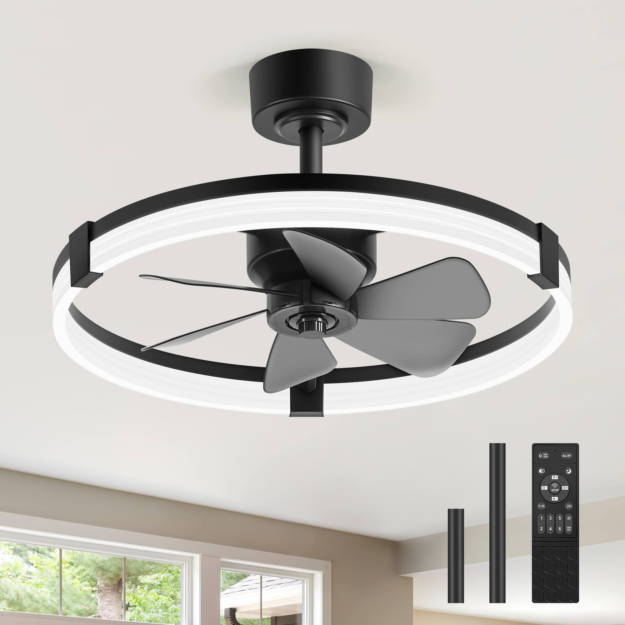 Breezary - 23-Inch Detachable Enclosed Ceiling Fan with LED Light, Remote, Reversible DC Motor, 6 Blades & Dimmable Lighting - Black and Slate Blue