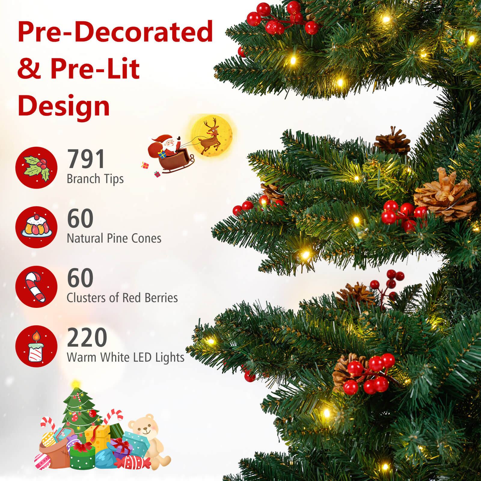Pre-Decorated & Pre-Lit Design

- 791 Branch Tips
- 60 Natural Pine Cones
- 60 Clusters of Red Berries
- 220 Warm White LED Lights