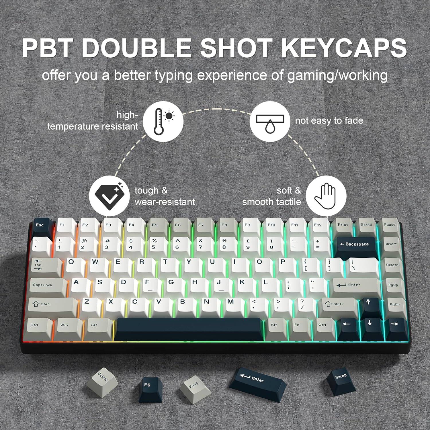 PBT DOUBLE SHOT KEYCAPS offer you a better typing experience of gaming/working

- high-temperature resistant
- not easy to fade
- tough & wear-resistant
- soft & smooth tactile

Keycaps:
- Esc
- F1 F2 F3 F4 F5 F6 F7 F8 F9 F10 F11 F12
- Print Scroll Pause
- ! 1 2 3 4 5 6 7 8 9 0 - = Backspace
- Tab Q W E R T Y U I O P [ ] \
- Caps Lock A S D F G H J K L ; ' Enter
- Shift Z X C V B N M , . / Shift
- Ctrl Win Alt Fn Ctrl
- Delete F6 PgUp
- Scroll