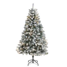BreeBe - 6' Flocked Rock Spruce Christmas Tree w/250 LED and 586 Tips - White