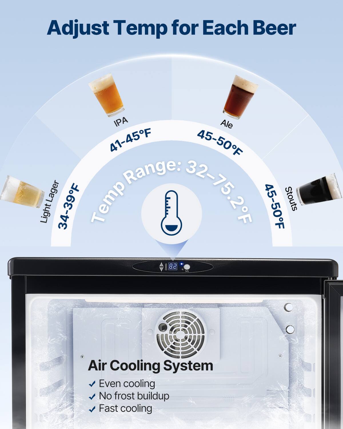 Adjust Temp for Each Beer

- IPA: 41-45°F
- Ale: 45-50°F
- Light Lager: 34-39°F
- Stouts: 45-50°F

Temp Range: 32-75.2°F

Air Cooling System
- Even cooling
- No frost buildup
- Fast cooling