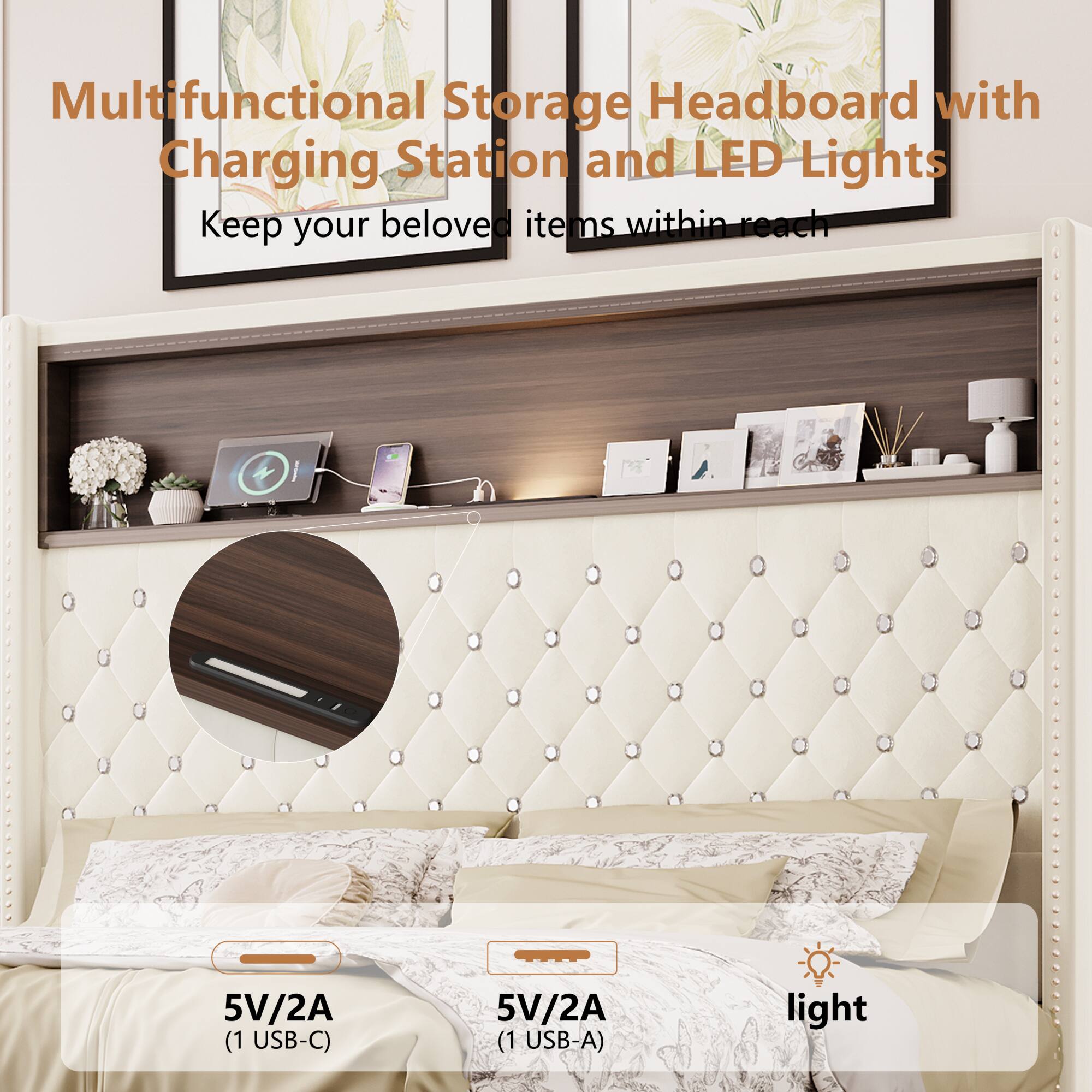 Multifunctional Storage Headboard with Charging Station and LED Lights  
Keep your beloved items within reach  

5V/2A (1 USB-C)  
5V/2A (1 USB-A)  
light