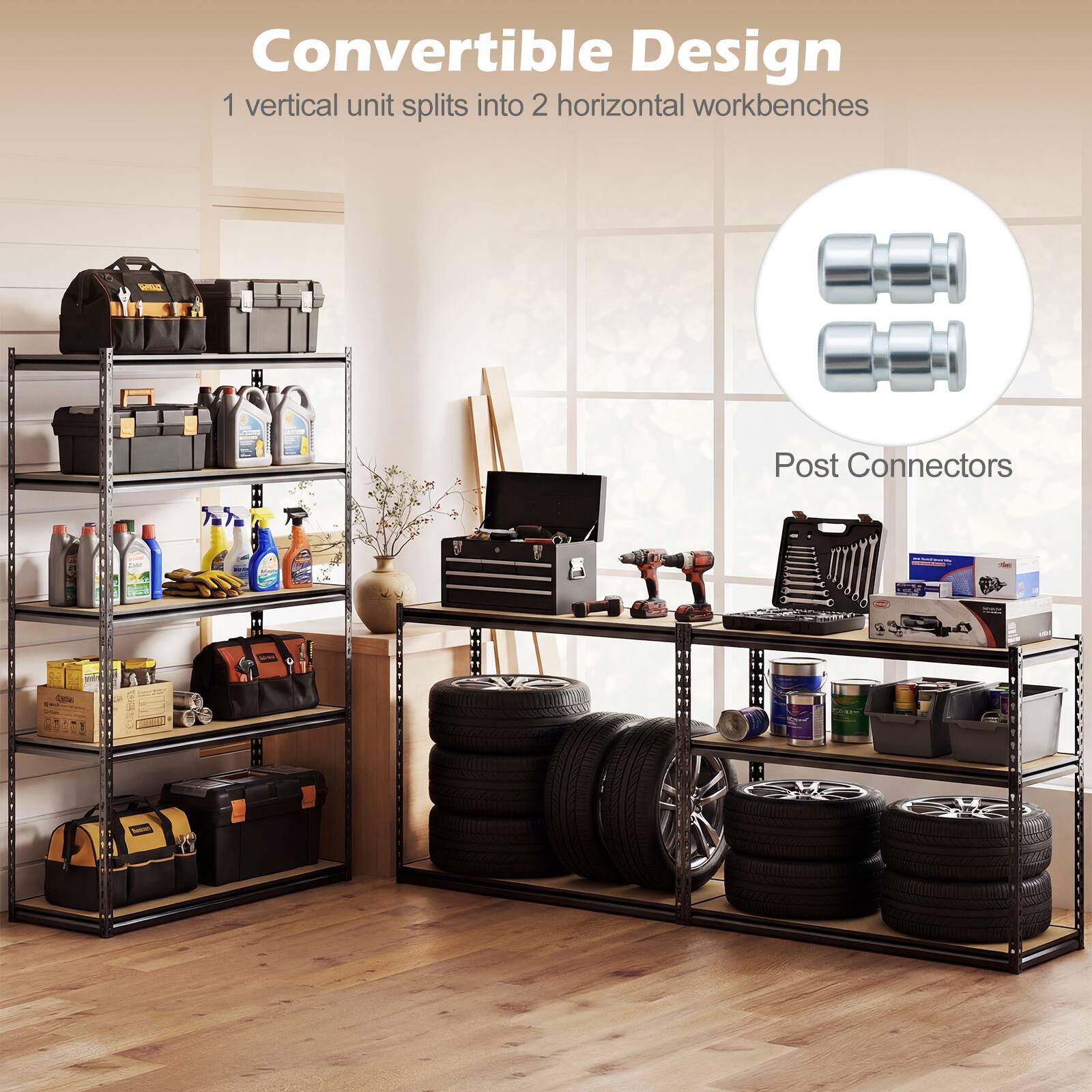 Convertible Design  
1 vertical unit splits into 2 horizontal workbenches  

Post Connectors