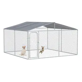 Pawhut - Large Dog Kennel Outside, Heavy Duty Run, Waterproof Cover, Fence, Galvanized Chain Link, Secure Lock, 13'x13'x7.5'