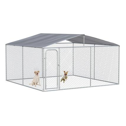 Front. Pawhut - Large Dog Kennel Outside, Heavy Duty Run, Waterproof Cover, Fence, Galvanized Chain Link, Secure Lock, 13'x13'x7.5'.