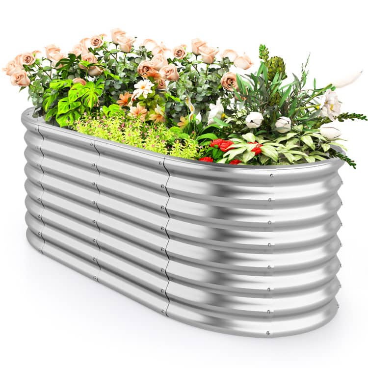 SlickBlue - Outdoor Oval Metal Raised Planter Bed, 5x3x2 ft with Open Base - Silver