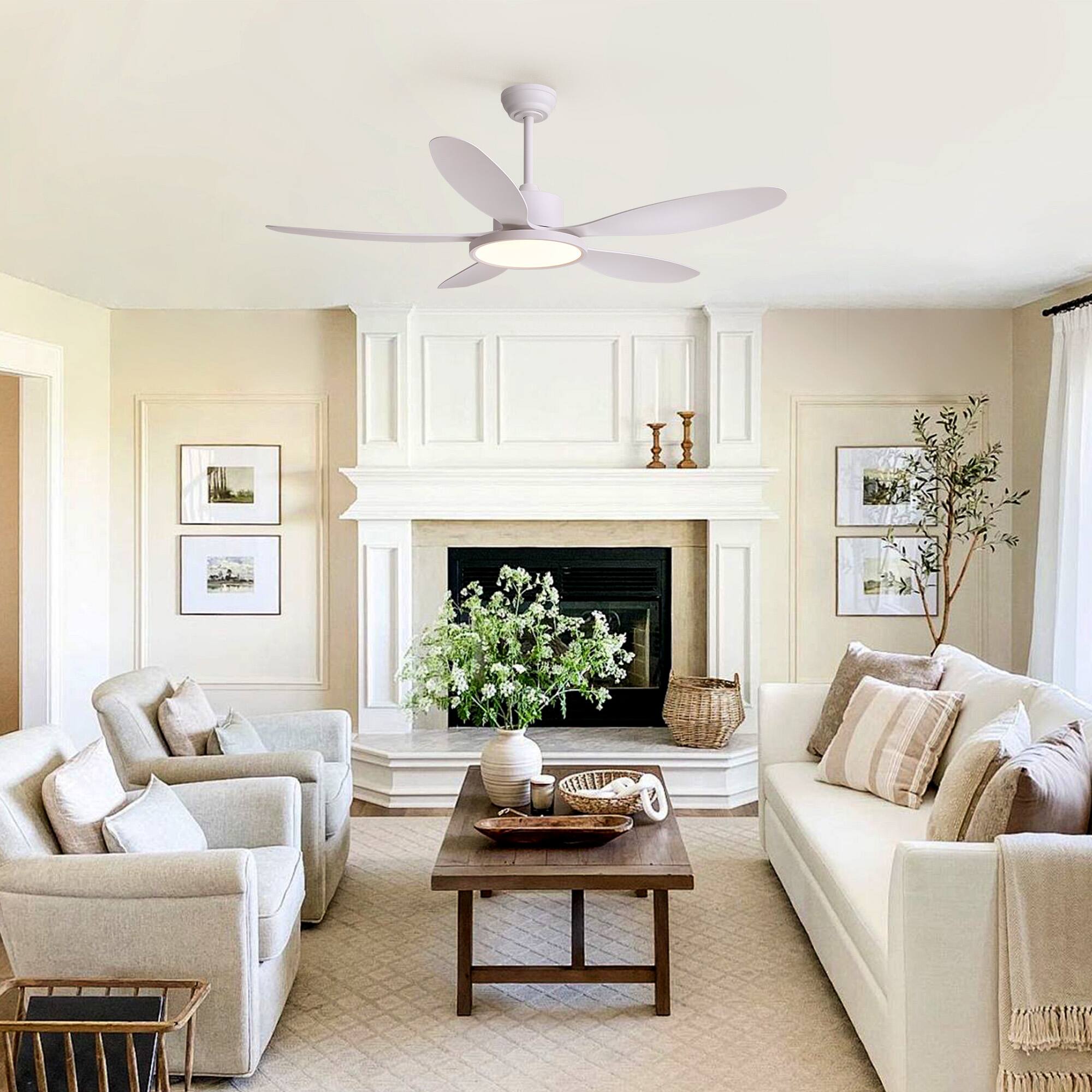 Back. Siljoy - 52 Inch Matte White 5 Blades Downrod Ceiling Fan With Round LED Light For Bedroom Living Room - White.