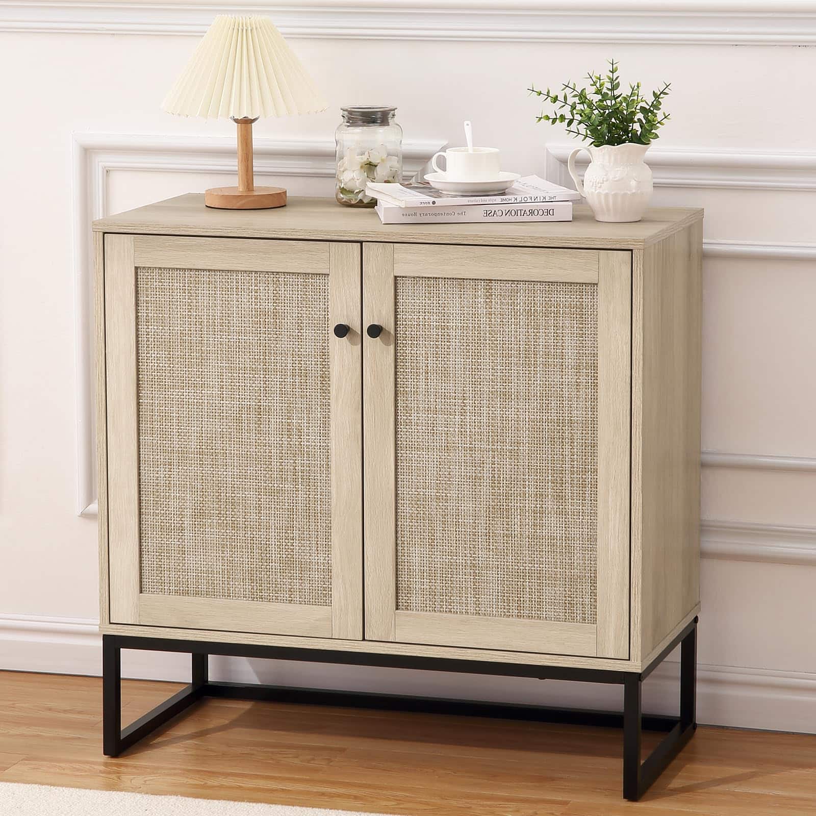 Jojoka - Bohemian Rattan Sideboard Buffet Cabinet with 2 Doors & Adjustable Shelves for Storage - Natural