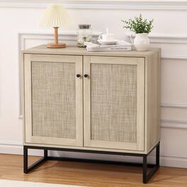 Qeetex - Bohemian Rattan Sideboard Buffet Cabinet with 2 Doors & Adjustable Shelves for Storage - Natural