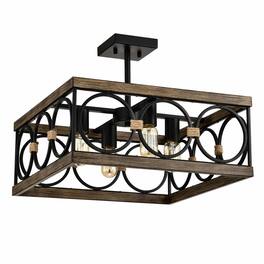 RYHNUYNE - 4-Light Farmhouse Wood & Black Metal Rectangular Ceiling Light for Kitchen Island, Dining Room, Living Room
