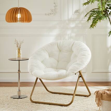 Front. AENKYO - Cozy Saucer Chairs Faux Fur Reading Lounge Furniture Folding Comfy with Soft Thick Padded - White.
